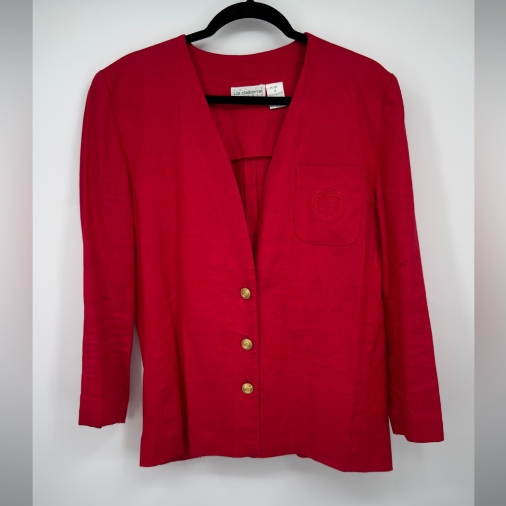 Liz Claiborne Red Open Collar Blazer with Gold Buttons